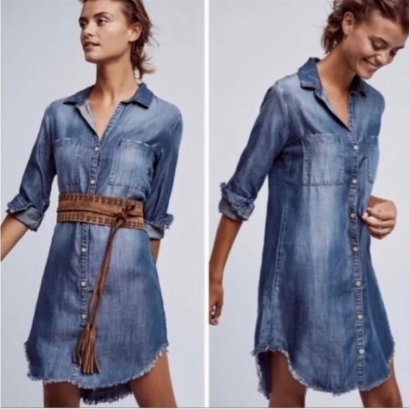 Cloth and Stone Montana Chambray Button Up Raw Hem Shirt Dress Blue Size XS - Picture 3 of 12